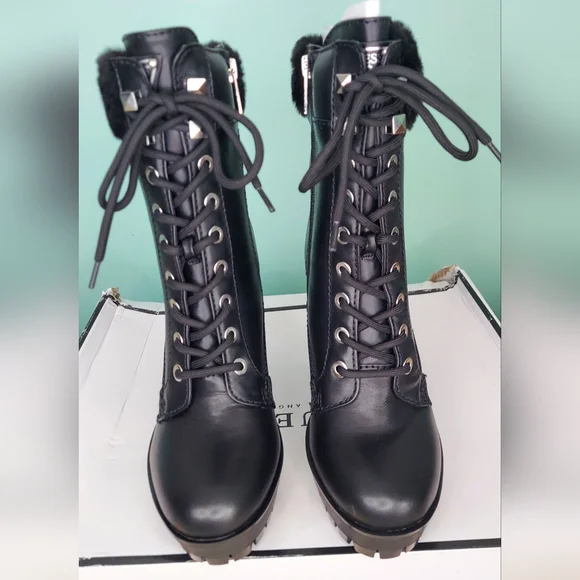 Guess Tetian Black Leather Faux-Fur Lace-Up Stiletto Heeled Boots Women's 9 NWT - Picture 6 of 16
